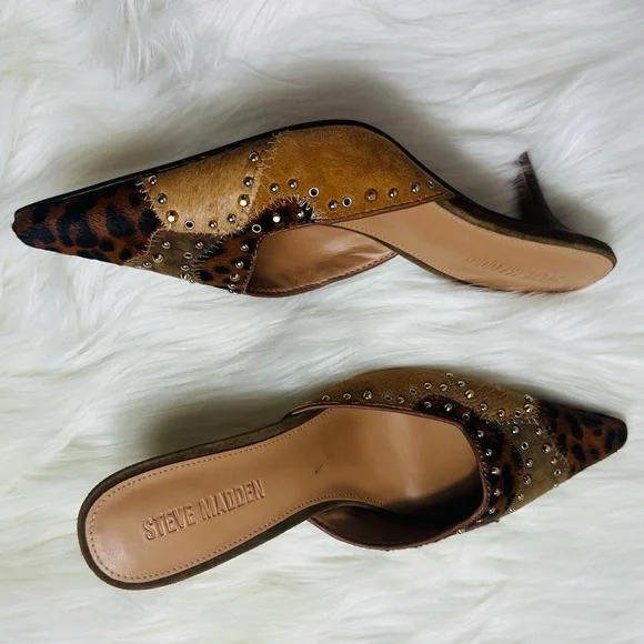 Steve Madden Leopard Print & Tan Studded Pointed Mule Heels - Picture 3 of 10